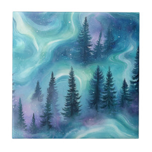 Watercolor Aurora Borealis Forest Tile