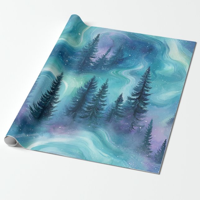 Watercolor Aurora Borealis Forest Wrapping Paper (Unrolled)