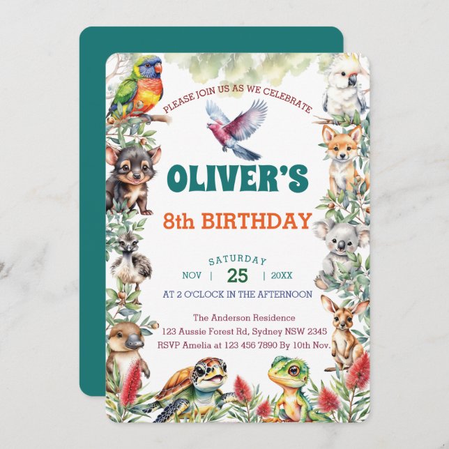 Watercolor Australian Baby Animals Birthday Party Invitation (Front/Back)