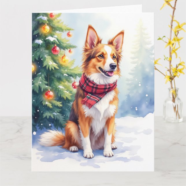 Watercolor Australian Shepherd Glowing Christmas Card (Yellow Flower)