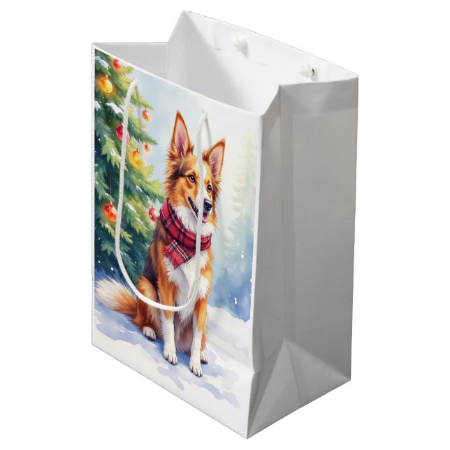 Watercolor Australian Shepherd Glowing Christmas Medium Gift Bag (Front Angled)