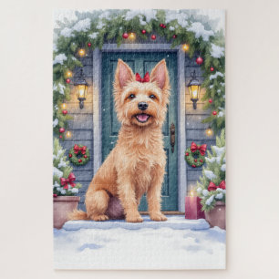 Watercolor Australian Silky Terrier Snowy Doorstep Jigsaw Puzzle