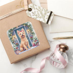 Watercolor Australian Silky Terrier Snowy Doorstep Square Sticker