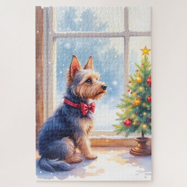 Watercolor Australian Terrier Tabletop Christmas Jigsaw Puzzle (Vertical)