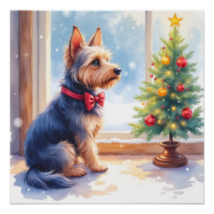 Watercolor Australian Terrier Tabletop Christmas Poster