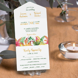 Watercolor Autumn Acacia Leaves Wedding All In One Invitation