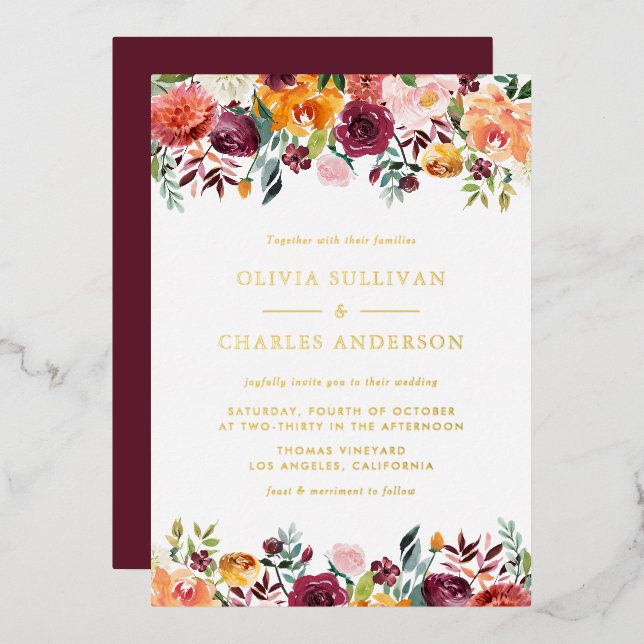 Watercolor Autumn Blooms Botanical Fall Wedding (Front/Back)
