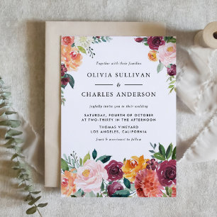 Watercolor Autumn Blooms Botanical Fall Wedding Invitation