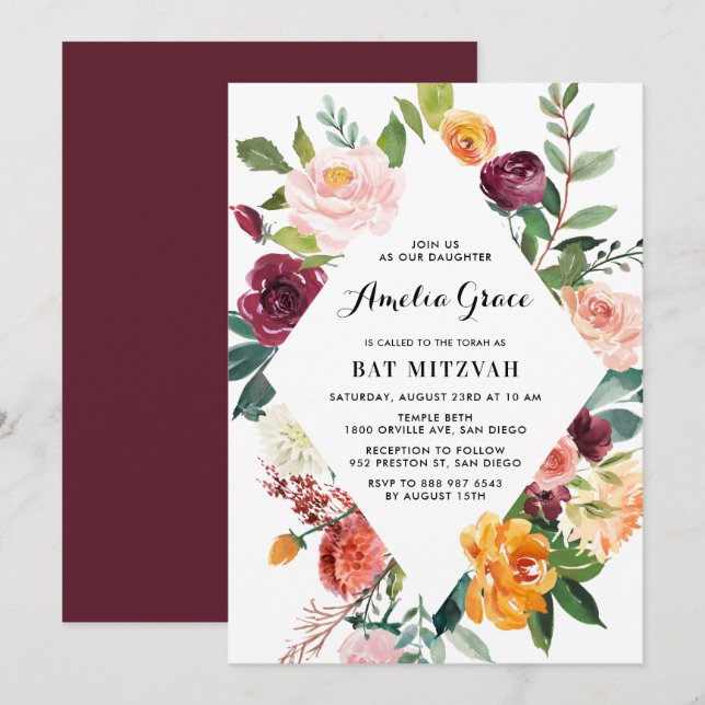 Watercolor Autumn Blooms Diamond Frame Bat Mitzvah Invitation (Front/Back)
