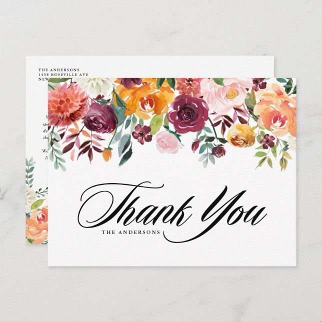 Watercolor Autumn Blooms Fall Wedding Thank You Postcard (Front/Back)