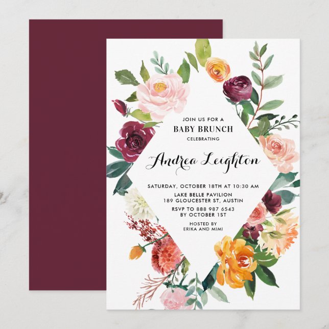Watercolor Autumn Blooms Floral Baby Shower Brunch Invitation (Front/Back)