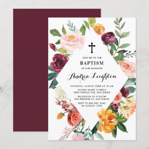 Watercolor Autumn Blooms Floral Frame Baptism Invitation