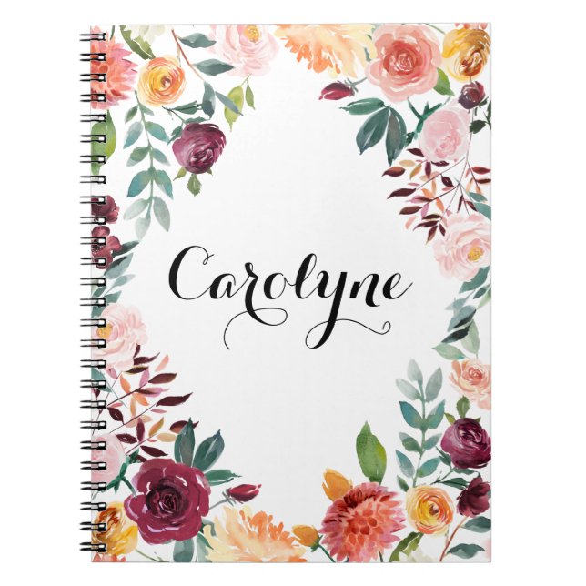 Watercolor Autumn Blooms Floral Frame Spiral Notebook (Front)