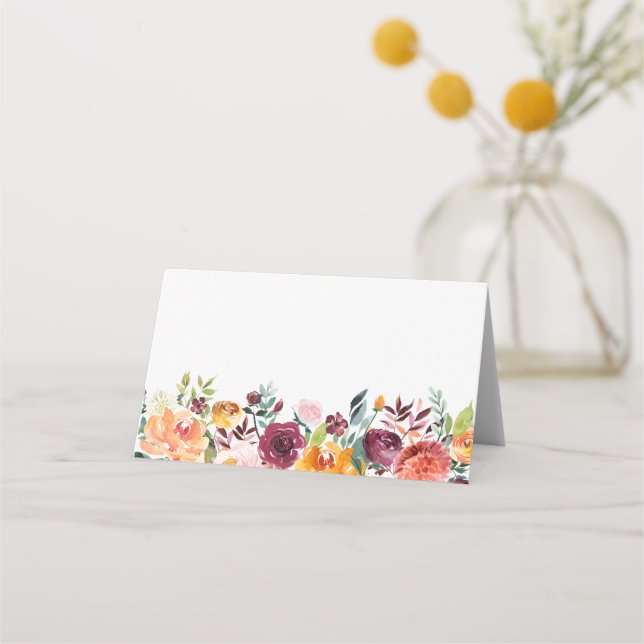 Watercolor Autumn Blooms Floral Garland Wedding Place Card (Front)