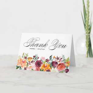 Watercolor Autumn Blooms Floral Garland Wedding Thank You Card