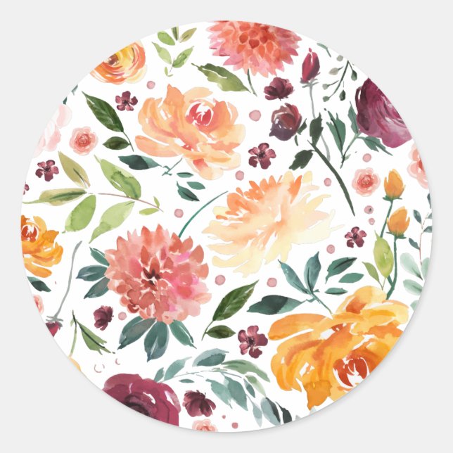 Watercolor Autumn Blooms Floral Pattern Classic Round Sticker (Front)