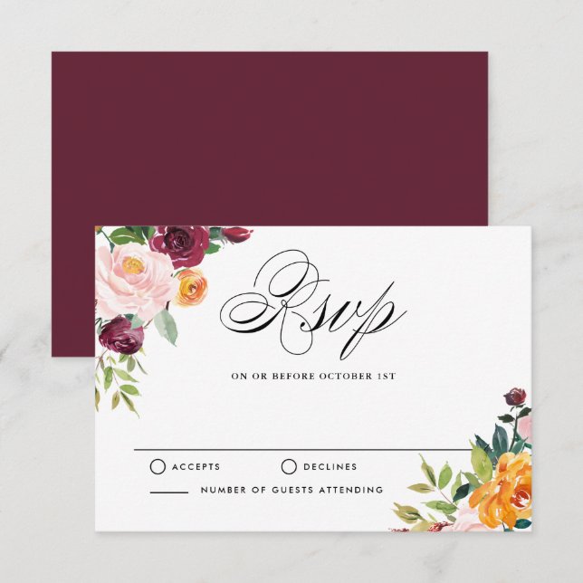 Watercolor Autumn Blooms Floral RSVP Wedding Card (Front/Back)