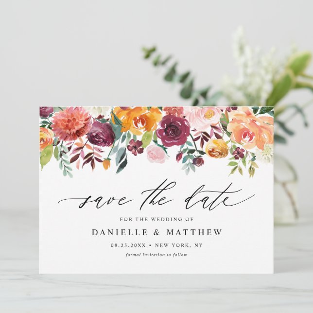 Watercolor Autumn Blooms Floral Save The Date (Standing Front)