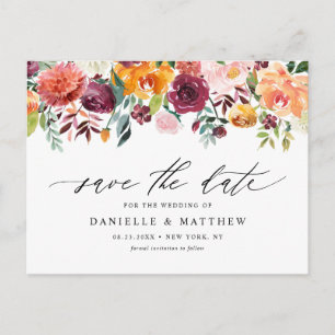 Watercolor Autumn Blooms Floral Save the Date Postcard