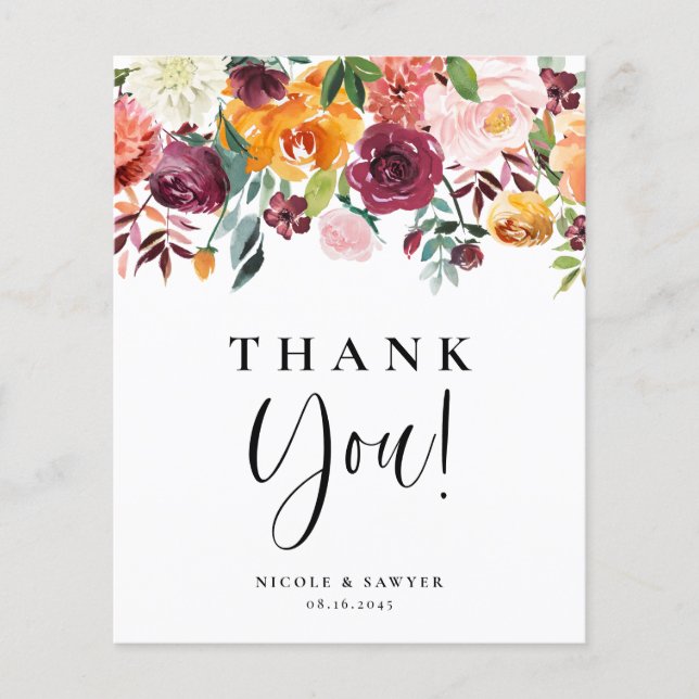 Watercolor Autumn Blooms Floral Thank You Card (Front)