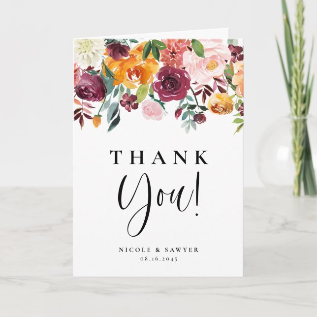 Watercolor Autumn Blooms Floral Wedding Thank You Card (Front)