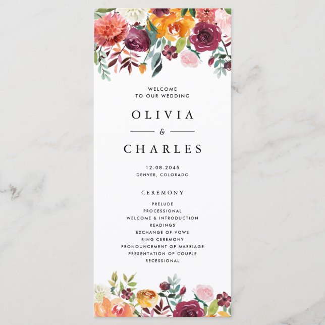 Watercolor Autumn Blooms Garland Fall Wedding Programme (Front)