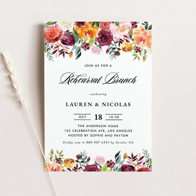 Watercolor Autumn Blooms Garland Rehearsal Brunch Invitation (Creator Uploaded)