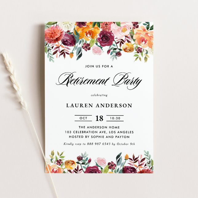 Watercolor Autumn Blooms Garland Retirement Party Invitation (Creator Uploaded)