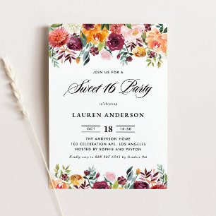 Watercolor Autumn Blooms Garland Sweet Sixteen Invitation