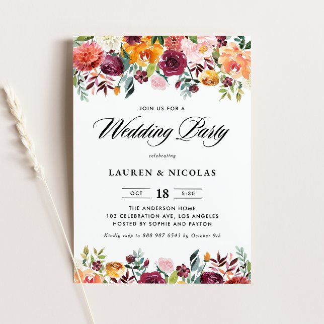 Watercolor Autumn Blooms Garland Wedding Party Invitation (Creator Uploaded)