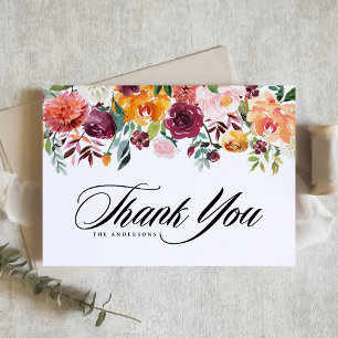Watercolor Autumn Blooms Garland Wedding Thank You Card