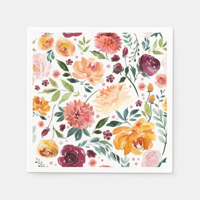 Watercolor Autumn Blooms Pattern Fall Thanksgiving Napkin (Front)