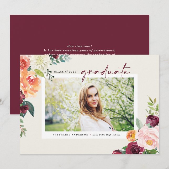 Watercolor Autumn Blooms Photo Graduation Announcement (Front/Back)