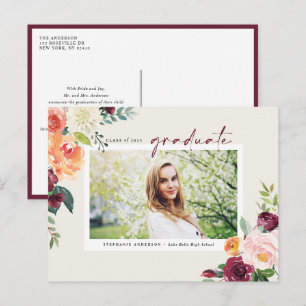 Watercolor Autumn Blooms Photo Graduation Announcement Postcard