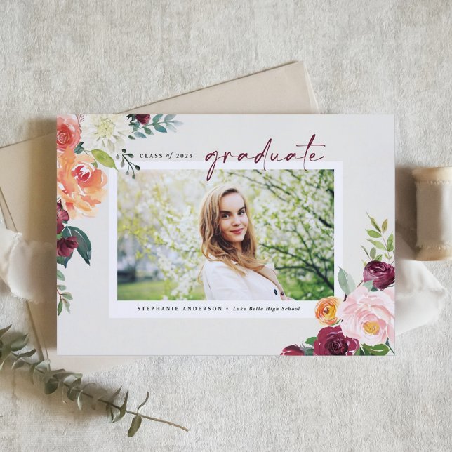 Watercolor Autumn Blooms Photo Graduation Invite (Announce your graduation with a customizable watercolor invitation featuring autumn floral designs.)