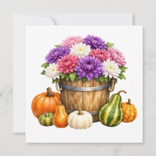 Watercolor Autumn Chrysanthemum, Pumpkins, Gourds Card