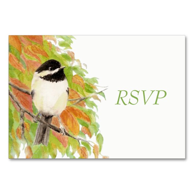 Watercolor Autumn Fall Chickadee Wedding RSVP Table Number (Front)