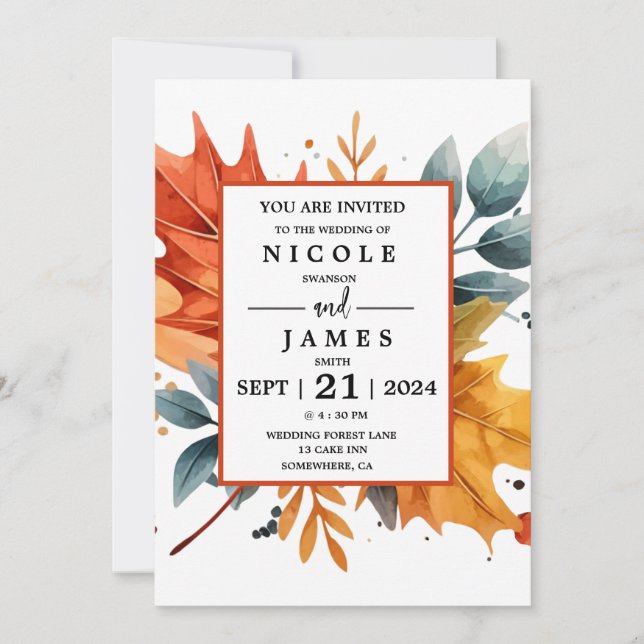 Watercolor Autumn Fall Colour Leaves Invitation (Front)