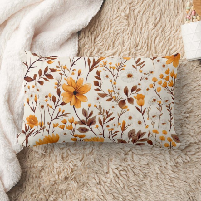 Watercolor Autumn Fall Flowers And Leaves Lumbar Cushion (Blanket)
