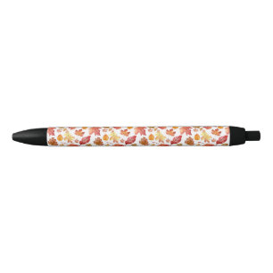 Watercolor Autumn Fall Leaves Seamless Pattern Black Ink Pen