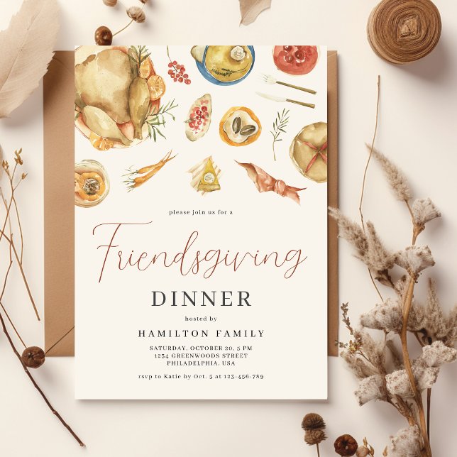 Watercolor Autumn Fall Turkey Friendsgiving Dinner Invitation (Creator Uploaded)