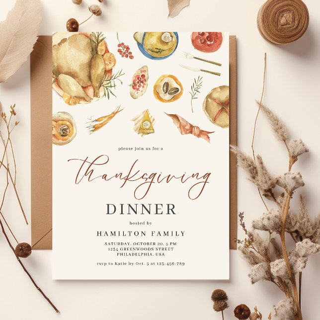 Watercolor Autumn Fall Turkey Thanksgiving Dinner Invitation (Creator Uploaded)
