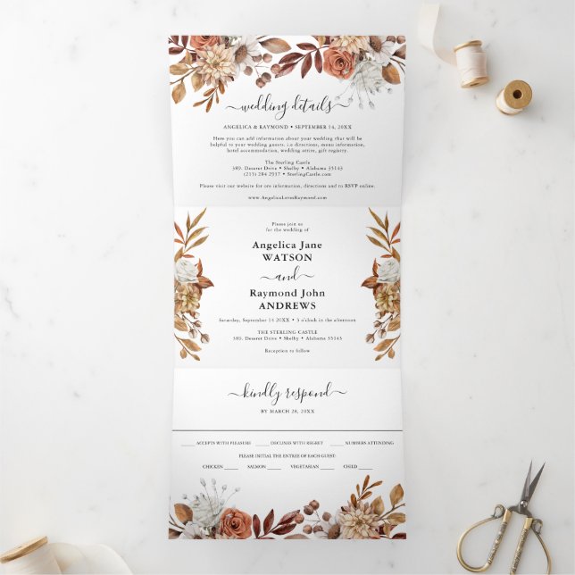 Watercolor Autumn Fall Wedding Elegant Tri-fold (Inside)