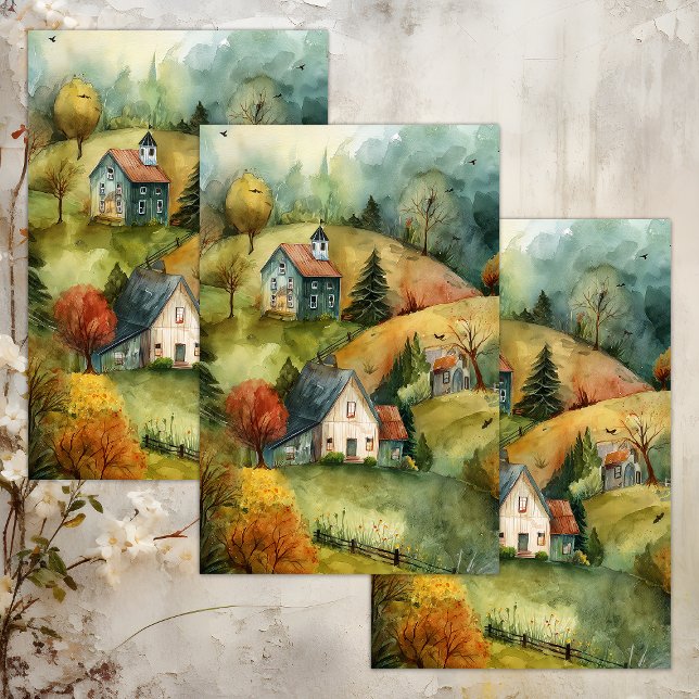 WATERCOLOR AUTUMN FARM DECOUPAGE TISSUE PAPER (WATERCOLOR AUTUMN FARM DECOUPAGE TISSUE PAPER)