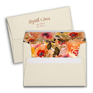 Watercolor Autumn Floral Collage Lined Ivory Envelope