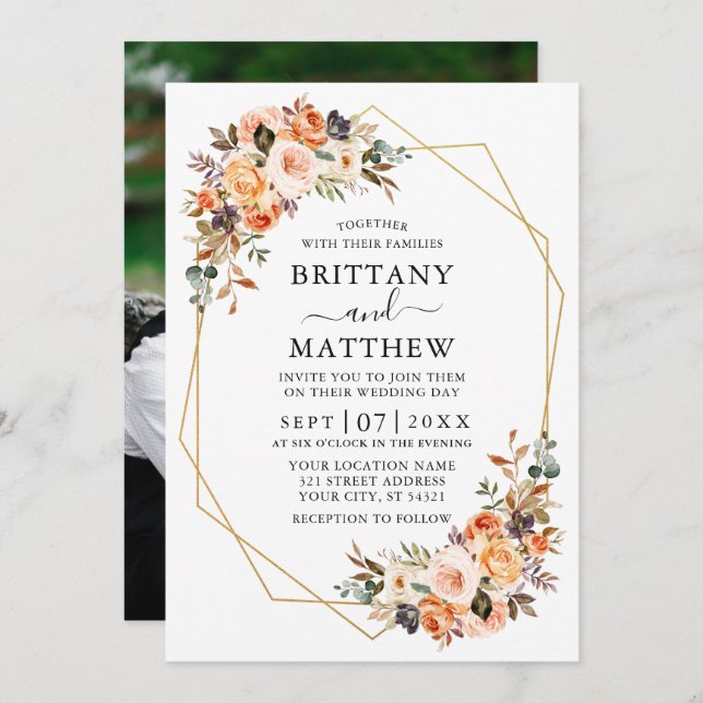 Watercolor Autumn Floral Geo Frame Photo Wedding Invitation (Front/Back)