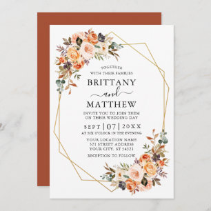 Watercolor Autumn Floral Geo Wedding Terracotta Invitation