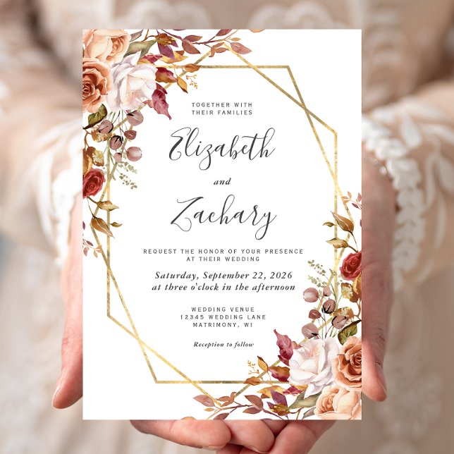 Watercolor Autumn Floral Gold Frame Wedding Invitation (Creator Uploaded)