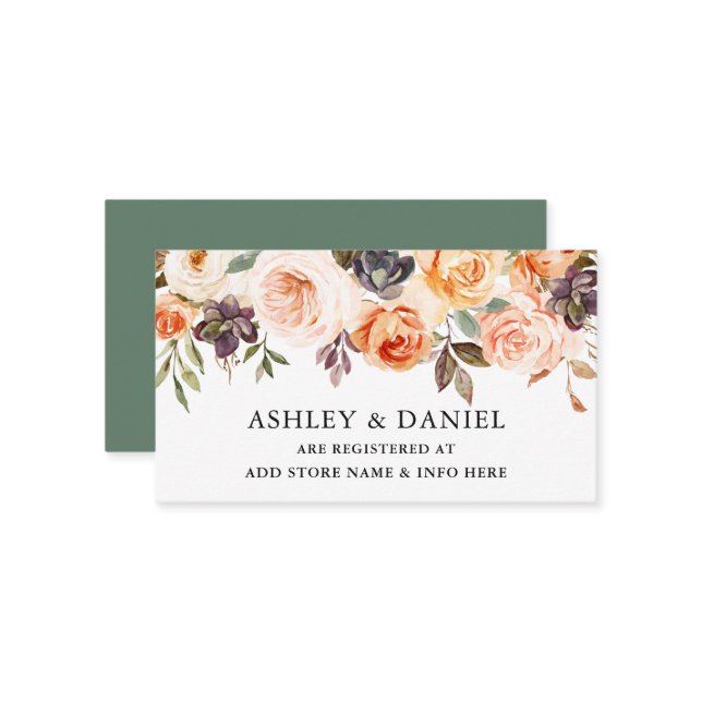 Watercolor Autumn Floral Green Wedding Registry Enclosure Card (Front/Back In Situ)