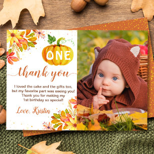 Watercolor Autumn Floral Pumpkin Birthday Photo Thank You Card